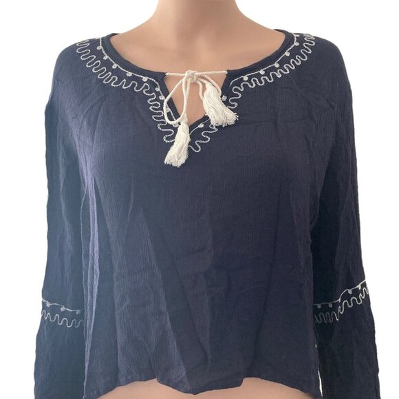 Band of Gypsies Blouse Womens Large Navy White Embroidered Tunic Bell Sleeve - Picture 2 of 8
